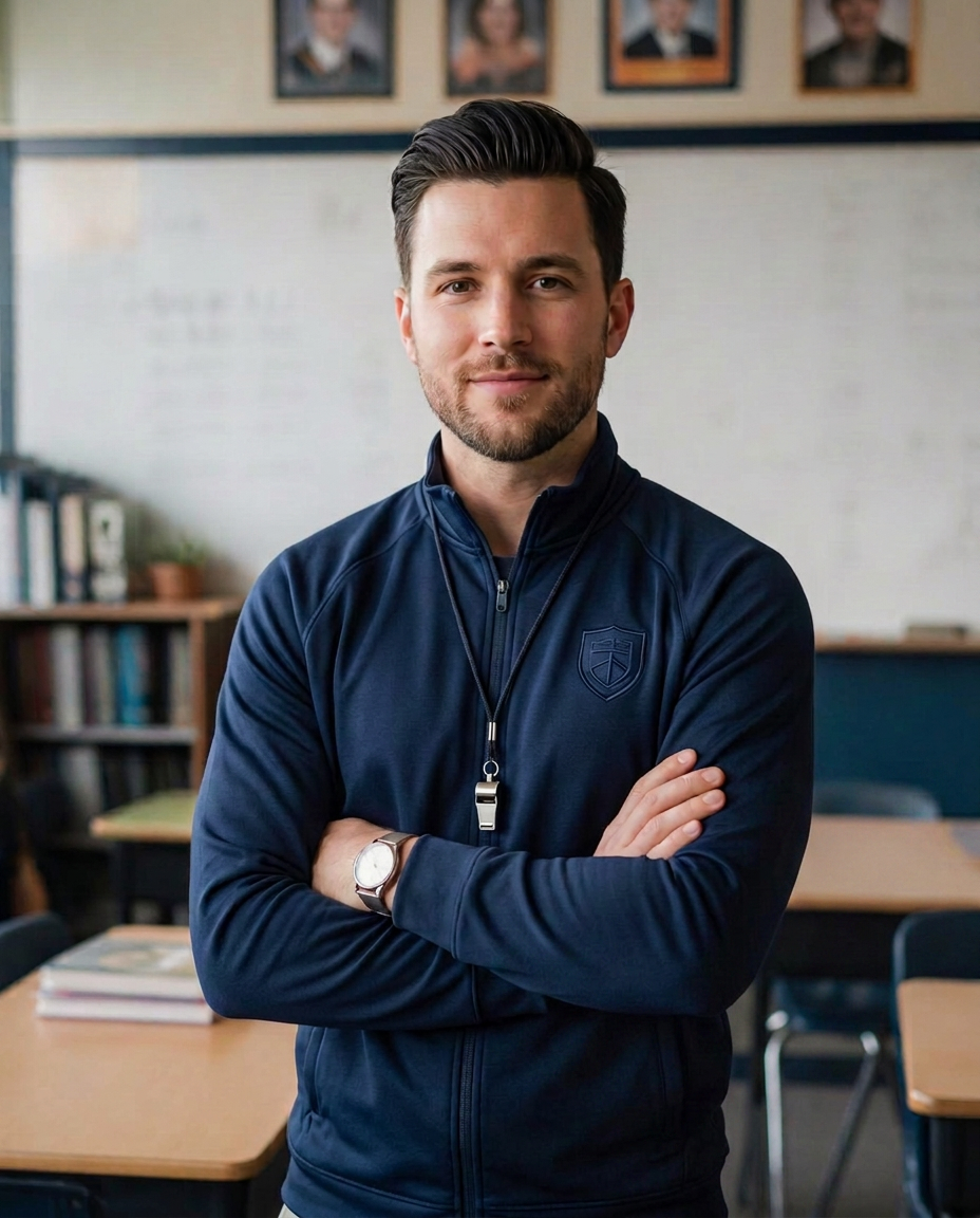 Experienced educator standing confidently in a classroom